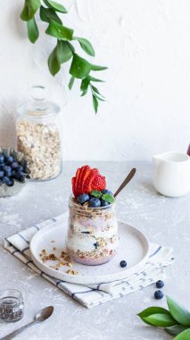 Ev yapımı granola ve taze böğürtlenli Chia Pudingi