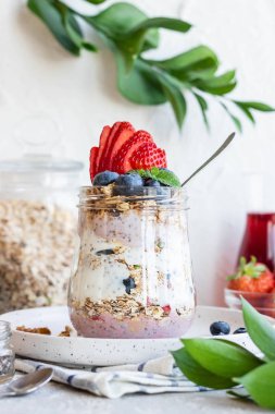 Ev yapımı granola ve taze böğürtlenli Chia Pudingi