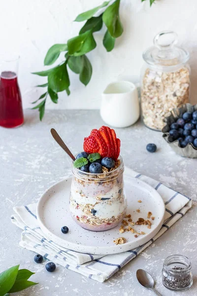 Ev yapımı granola ve taze böğürtlenli Chia Pudingi