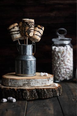 Çubuk çikolatalı kremanın üzerinde kızarmış marşmelov ve üstüne de kraker. Alternatif bisküvi suyu. Koyu kırsal tarzı.