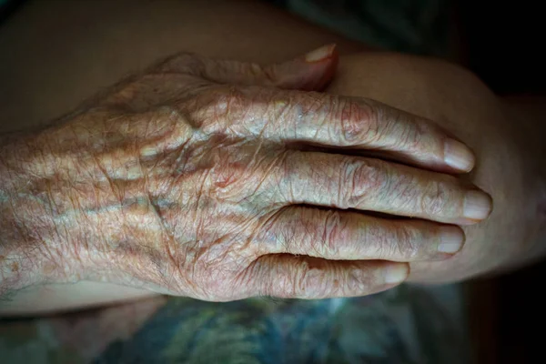 Aging old senior woman hands wrinkled skin