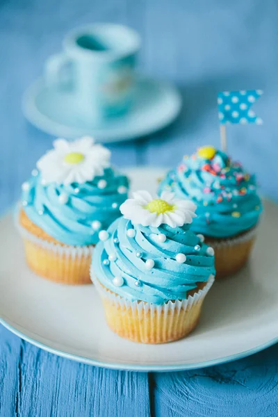 Fruit cupcakes with daisies — Stock Photo, Image