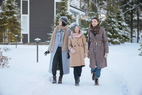 Three females walking on winter nature — Stock Photo, Image