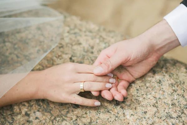 Happy bride couple holding hands — Stock Photo, Image