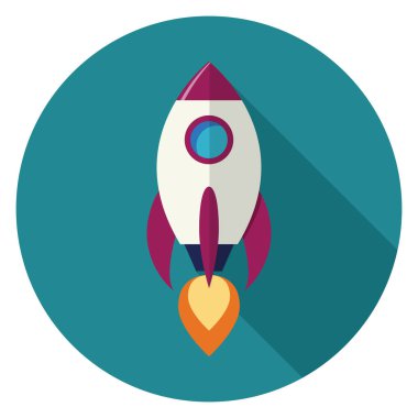 Roket simgesi. Düz stil çizimde. Uzun gölge ile yuvarlak simge.