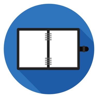 Açılan not defteri simgesi. Düz stil çizimde. Uzun gölge ile yuvarlak simge.