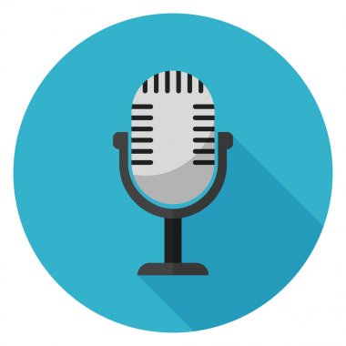 Mikrofon simgesi. Düz stil çizimde. Uzun gölge ile yuvarlak simge.