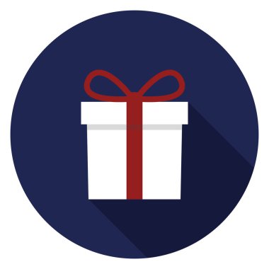 Hediye simgesi. Düz stil çizimde. Uzun gölge ile yuvarlak simge.