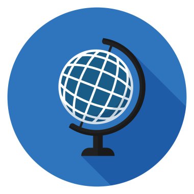 Küre simgesi. Düz stil çizimde. Uzun gölge ile yuvarlak simge.