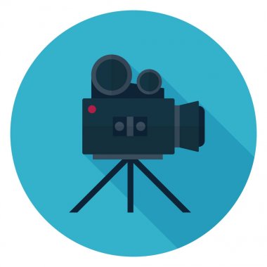 Film kamera simgesi. Düz stil çizimde. Uzun gölge ile yuvarlak simge.