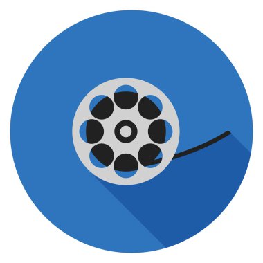Film kaset simgesi. Düz stil çizimde. Uzun gölge ile yuvarlak simge.