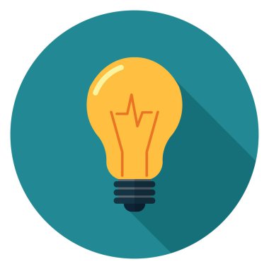 Ampul simgesi. Düz stil çizimde. Uzun gölge ile yuvarlak simge.