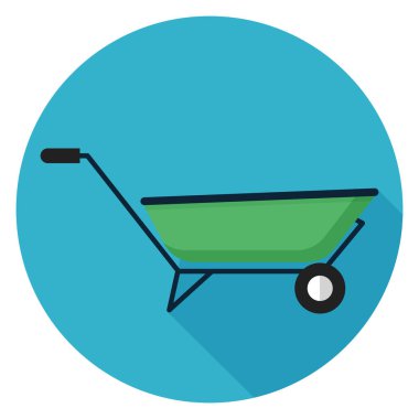 Tekerlek barrow simgesi. Düz stil çizimde. Uzun gölge ile yuvarlak simge.