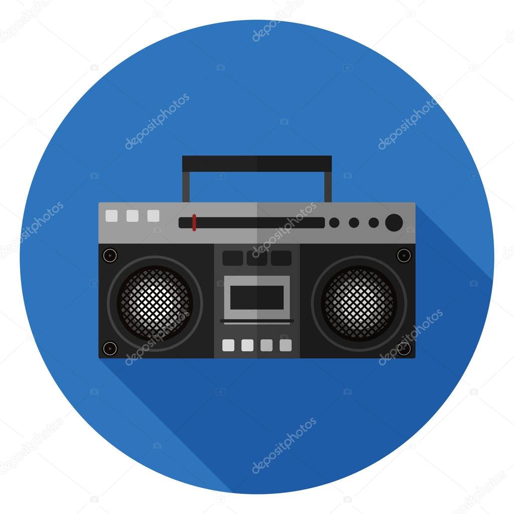 Boombox icon. Illustration in flat style. Round icon with long shadow.