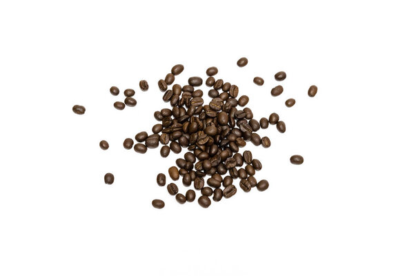 Roasted coffee beans isolated on white background. Close up image.
