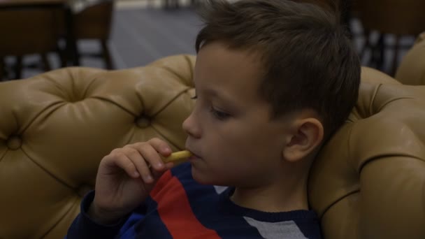 Кадри молодого хлопчика їдять картоплю фрі на продовольчому майданчику. 4-кілометровий — стокове відео