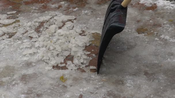 L'homme qui filme nettoie la neige de la pelle de la cour. ralenti 120 images / s vidéo . — Video