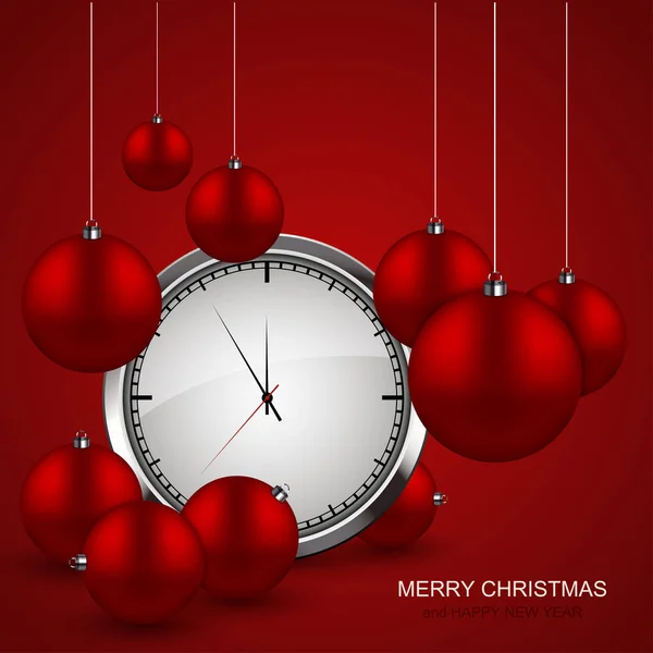 Vector moderno bolas de Navidad roja con fondo del reloj. Tarjeta de invitación de Navidad . — Vector de stock