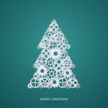 Vektör modern kavram Noel ağacı ve mekanizması Gears'ı arka plan. Davet xmas veya mutlu yeni yıl.