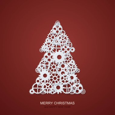 Vektör modern kavram Noel ağacı ve mekanizması Gears'ı arka plan. Davet xmas veya mutlu yeni yıl.