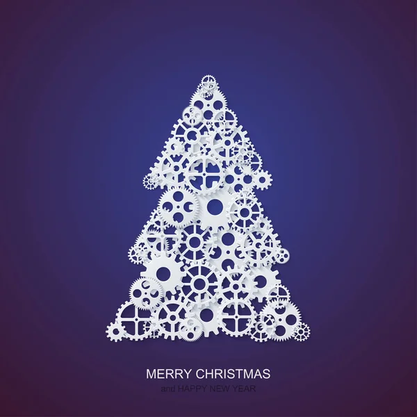 Concept vectoriel moderne arbre de Noël et mécanisme engrenages arrière-plan. Invitation de Noël ou bonne année . — Image vectorielle