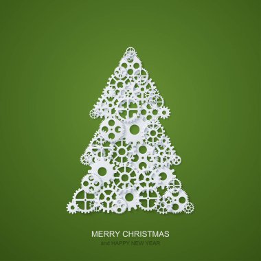 Vektör modern kavram Noel ağacı ve mekanizması Gears'ı arka plan. Davet xmas veya mutlu yeni yıl.