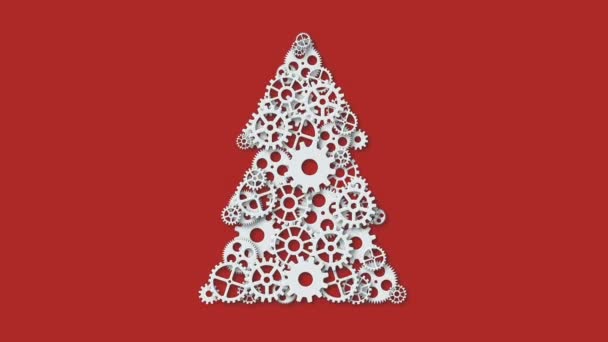 Animación concepto moderno árbol de navidad y mecanismo engranajes rotación fondo. Invitación de Navidad o feliz año nuevo. Movimiento 4K de vídeo. loopable con canal alfa . — Vídeos de Stock