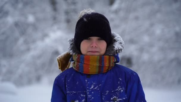 Garçon debout dehors par temps neigeux et vagues à la caméra . — Video