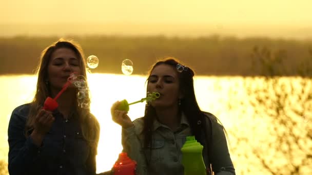 Girlfriend blow bubbles outdoors near the river — Stock Video