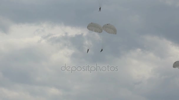 Lądowanie spadochroniarzy na niebie. — Wideo stockowe