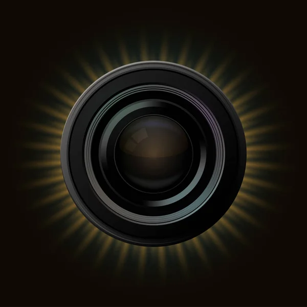 Icône de caméra vectorielle moderne avec des rayons orange sur fond sombre . — Image vectorielle