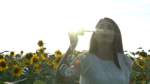 Hermosa joven camina en el campo amarillo de girasoles y sopla burbujas de jabón . — Vídeos de Stock