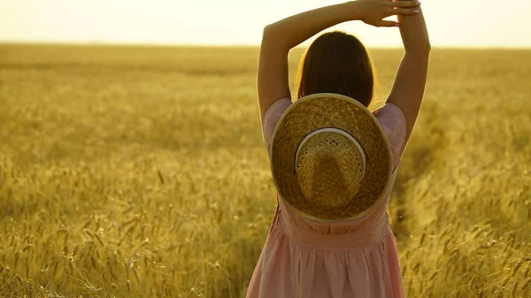 Menina bonita no vestido está andando através do campo . — Fotografia de Stock