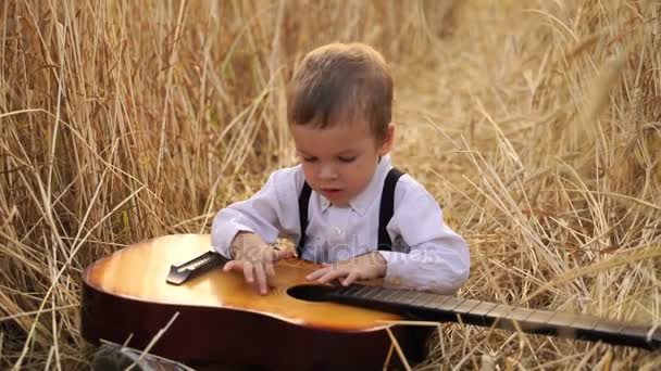 Little boy sitting in a golden wheat field and playing the guitar. — Stock Video