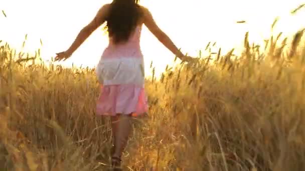 Söt flicka i klänning körs över fältet. — Stockvideo