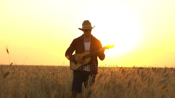 Jovem caminha no campo de trigo dourado nos raios do pôr do sol e toca guitarra — Vídeo de Stock
