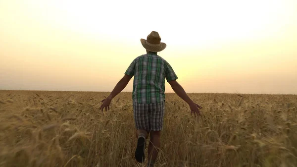 Mann im Hemd rennt über das Feld. — Stockfoto