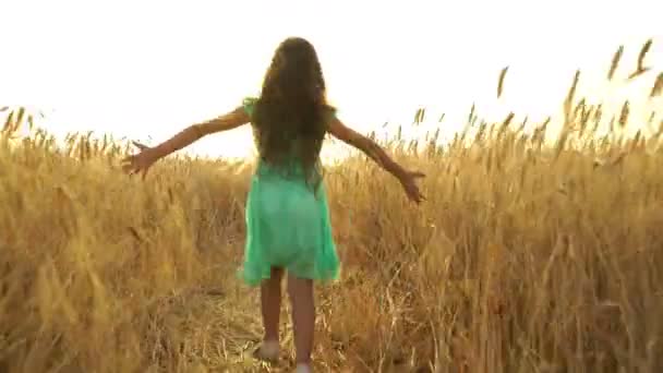 young girl in the dress is running across the field.