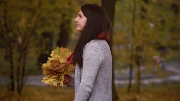 Ung flicka promenader i parken under hösten. — Stockvideo