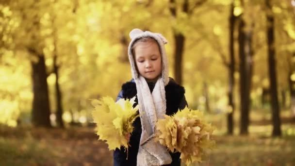 Fille de sept ans marche dans un parc à l'automne et tient les feuilles dans ses mains — Video