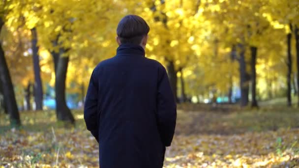 Молодой парень в черном пальто в осеннем парке — стоковое видео
