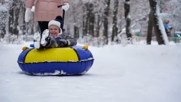 Garçon de deux ans roulant sur des tubes dans le parc en hiver . — Video