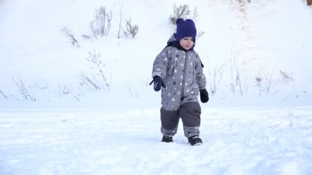 Pojke på två år promenader i vinter. — Stockvideo