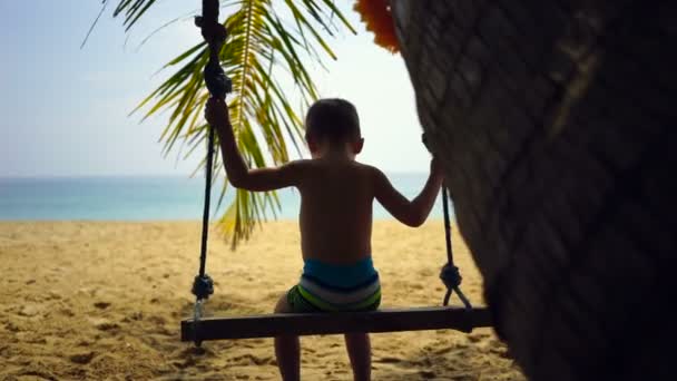 Jongen van twee jaar schommels op een schommel op het strand in de buurt van de Oceaan. — Stockvideo
