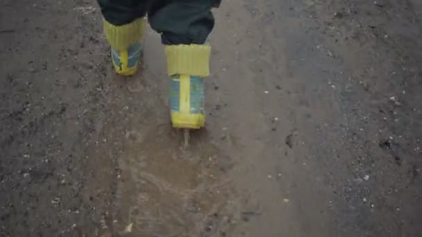 Jongen wandelingen door de plassen en modder in het voorjaar. — Stockvideo