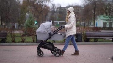 Bebek arabasında bir çocukla yürüyen genç bir anne. Sonbahar mevsimi