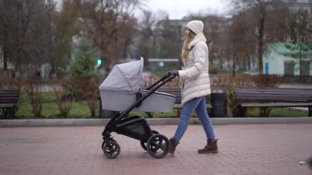 Mladá matka chodí s dítětem v kočárku. Podzimní období — Stock video