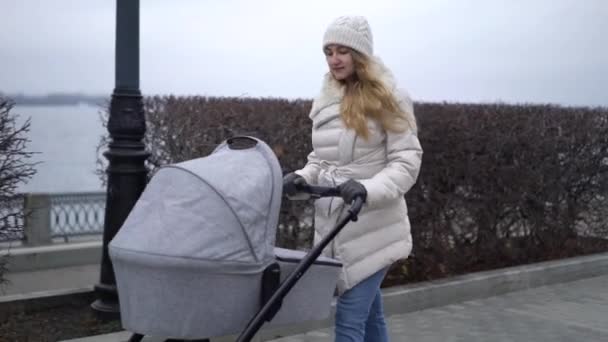 Νεαρή μητέρα περπατάει με ένα παιδί στο καροτσάκι. Φθινοπωρινή — Αρχείο Βίντεο