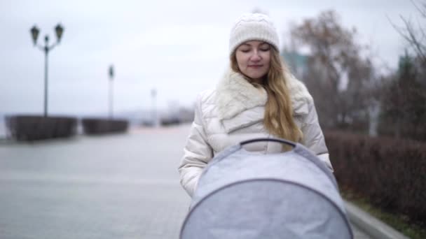 Giovane madre che cammina con un bambino in carrozzina. Stagione autunnale — Video Stock