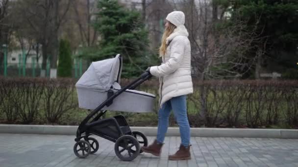 Giovane madre che cammina con un bambino in carrozzina. Stagione autunnale — Video Stock